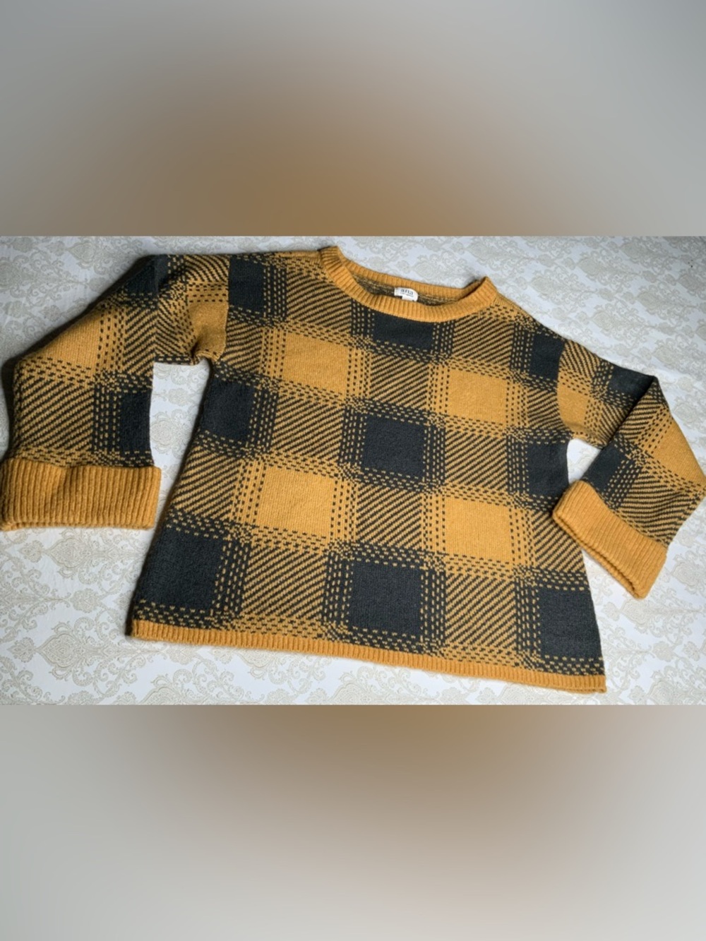 A.N.A Women’s Medium Chunky Sweater – Yellow & Gray Plaid Cozy Knit